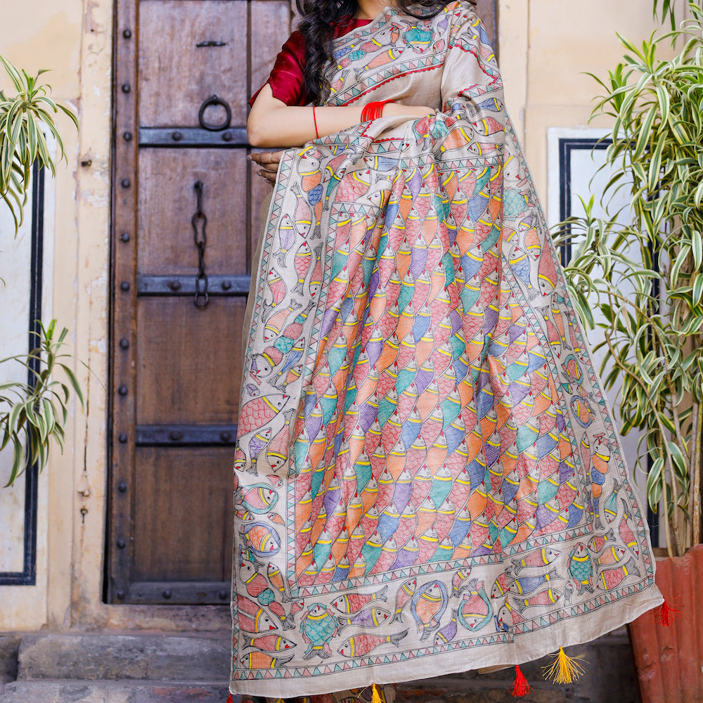 DIORAMA DESIGNS Beige - Madhubani Hand-Painted Matasya Tussar Silk Saree - view 2