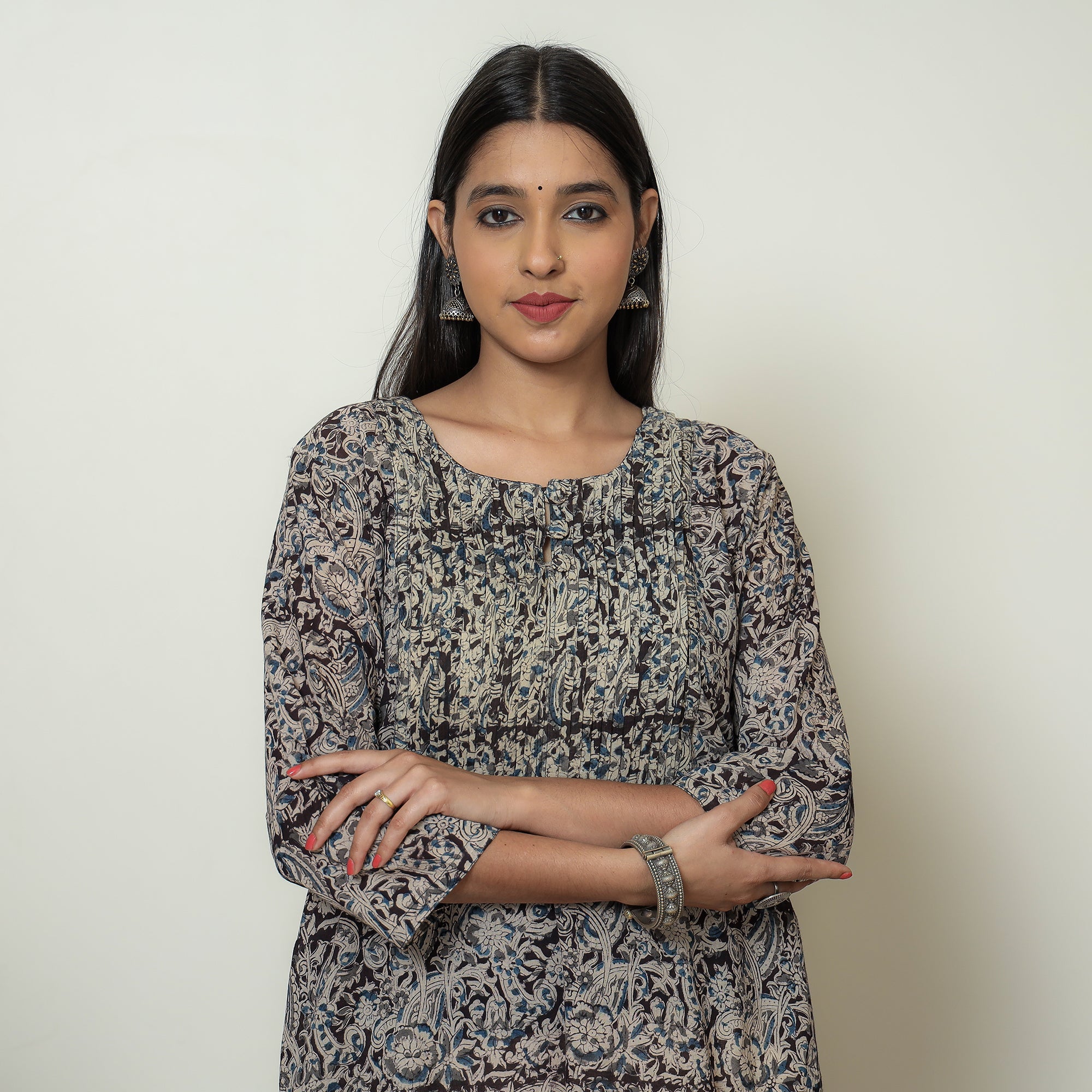 ITOKRI CASUALS Black - Kalamkari Hand Block Printed Mul Cotton Pintuck A-Line Kurta 05