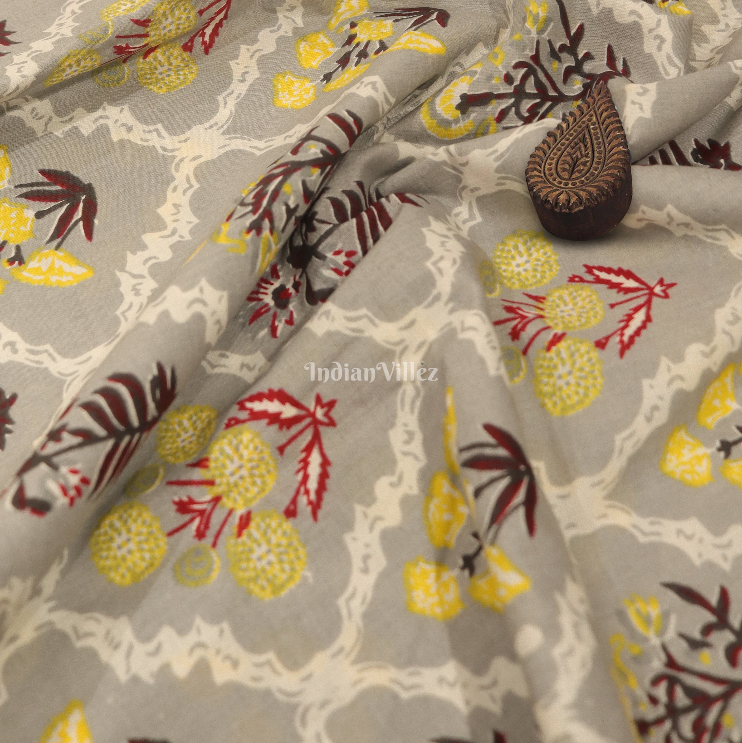 IndianVillèz Gray Flower Motif Hand Block Printed Cotton Fabric
