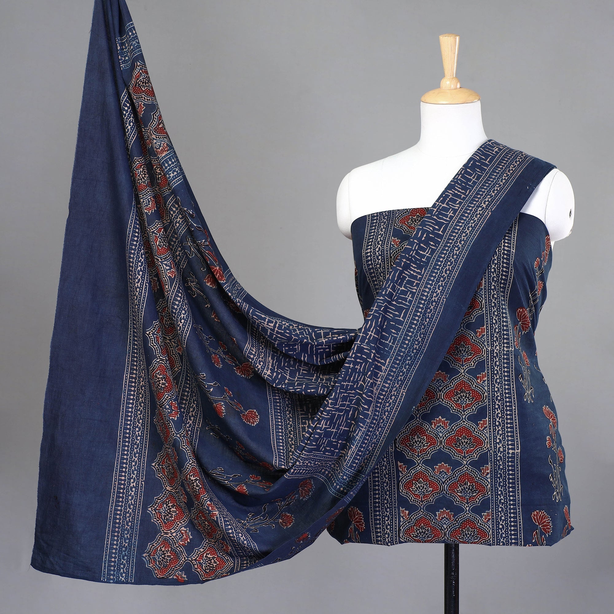 KACHCHH JI CHHAAP Blue - 3pc Ajrakh Hand Block Printed Cotton Suit Material Set