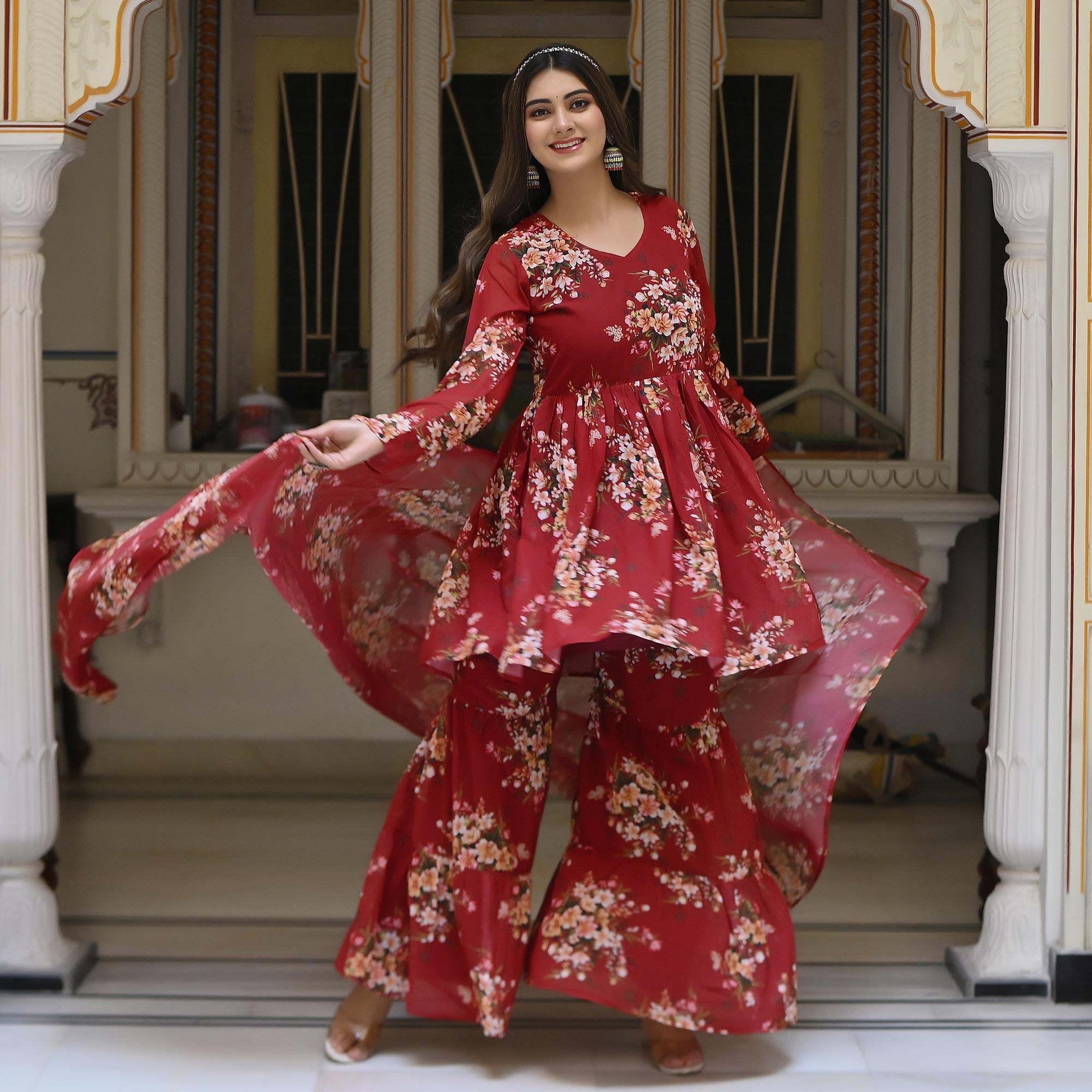 Peachmode Maroon Floral Printed Georgette Sharara Suit - view 2