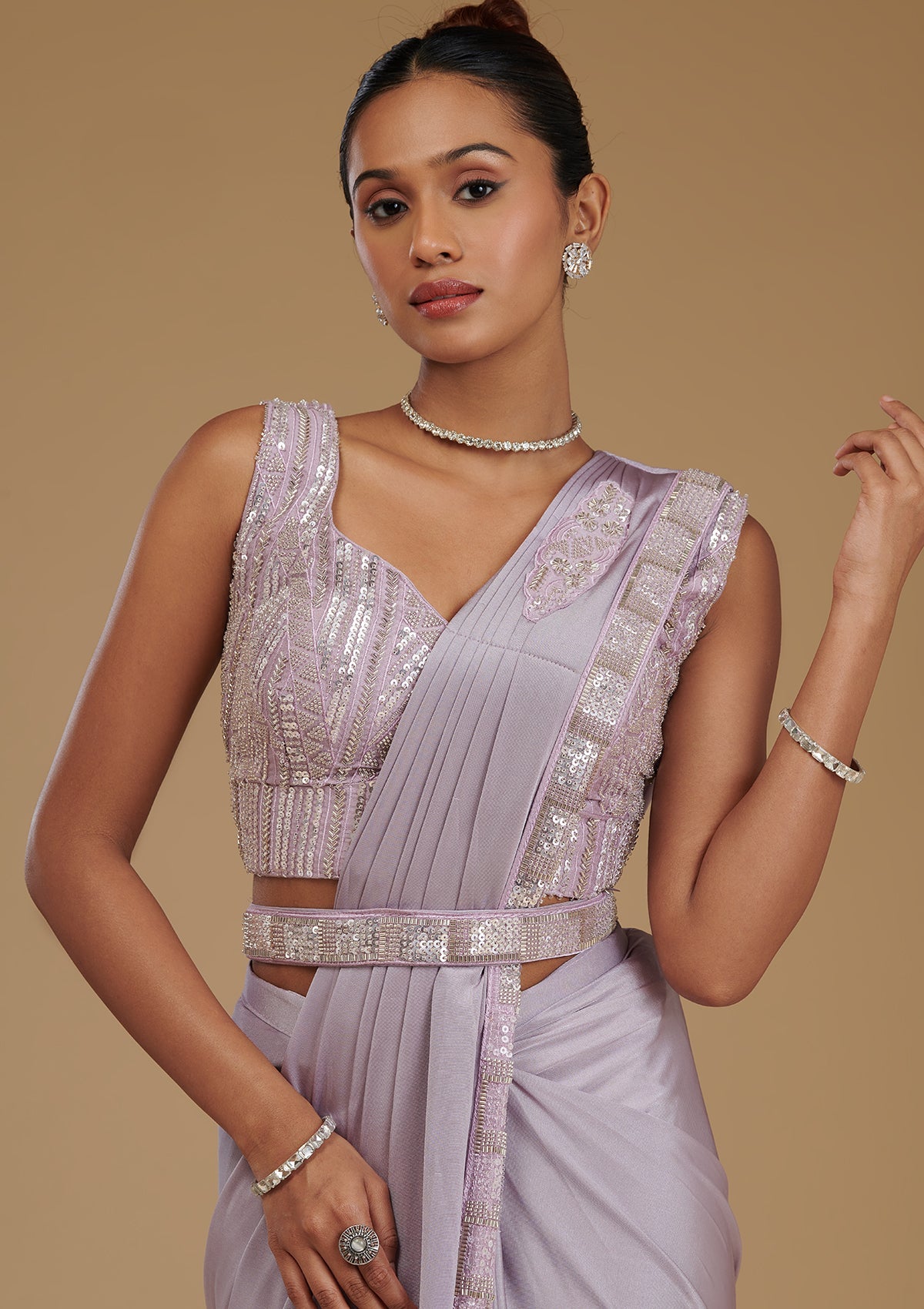Koskii Lavender Cutdana Satin Readymade Saree - view 2