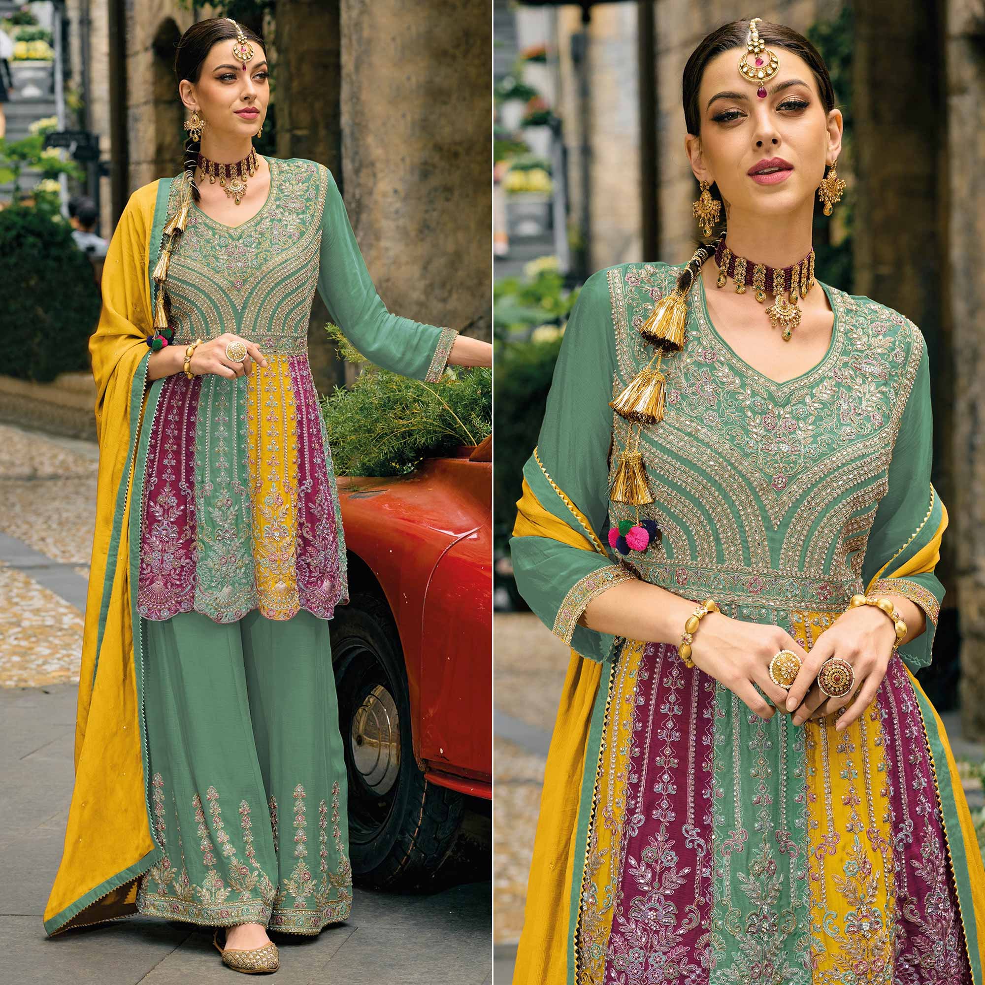 Green trousers – BlackTree green-embroidered-chinon-semi-stitched-sharara-suit