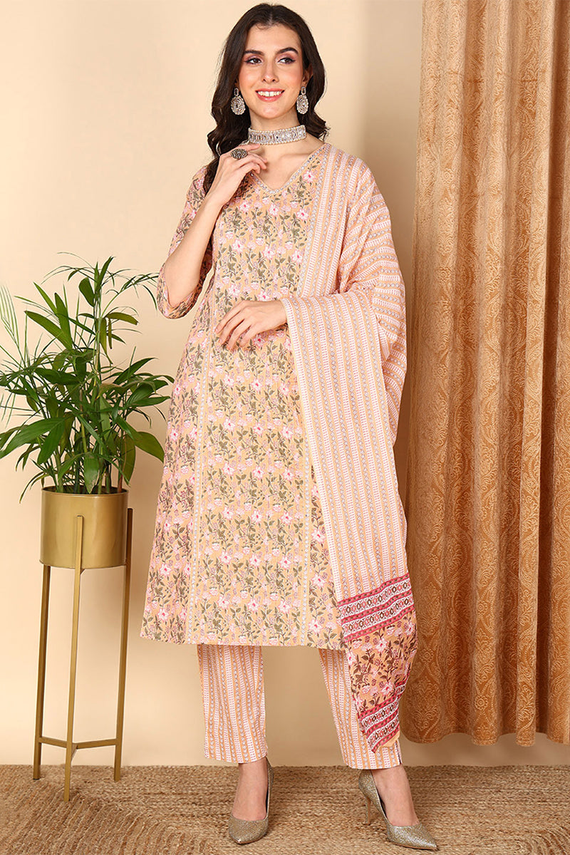Ahika Plus Size Peach Pure Cotton Floral Printed Straight Suit Set VKSKD2007