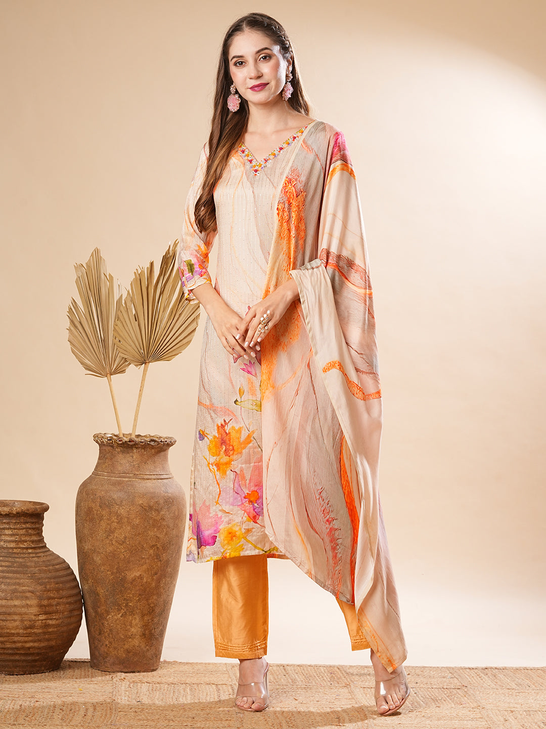 Fashor Floral Printed Mirror & Sequins Embroidered Kurta with Pants & Dupatta - Cream & Multi
