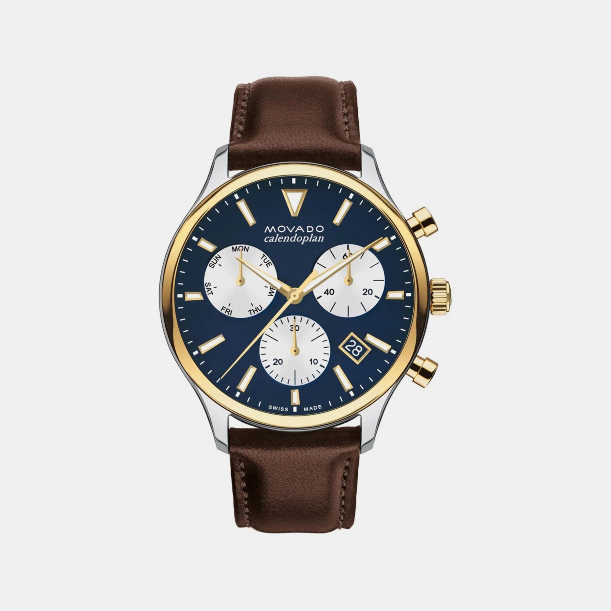 Movado Calendoplan Heritage Men Quartz Blue Dial Chronograph Leather Watch 3650162