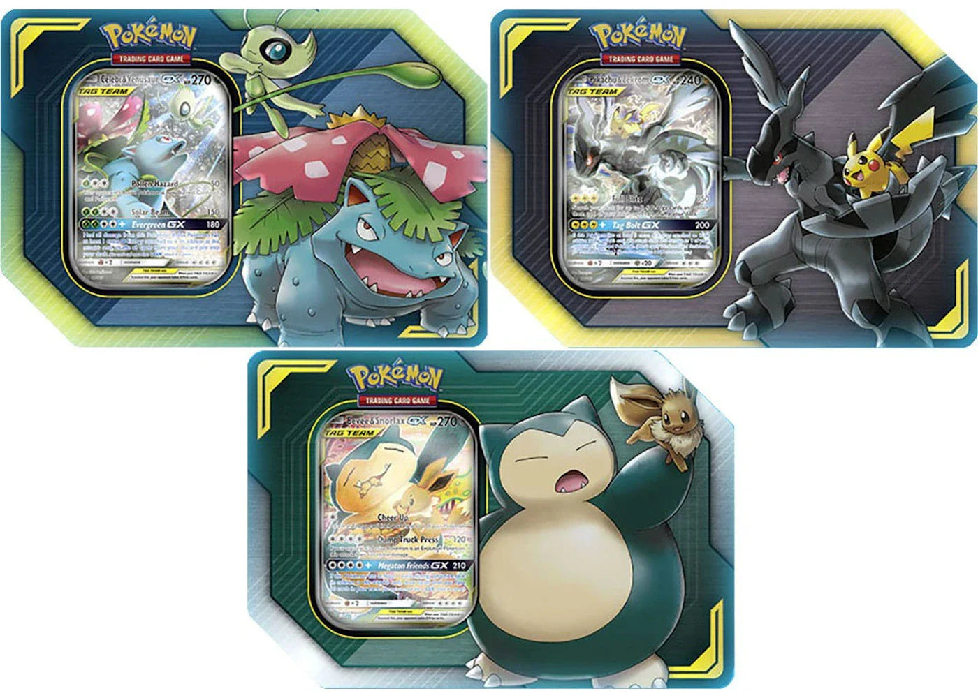 Pokémon 2019 Pokemon TCG TAG TEAM Tins Pikachu & Zekrom GX/Eevee & Snorlax GX/Celebi & Venusaur GX Lot