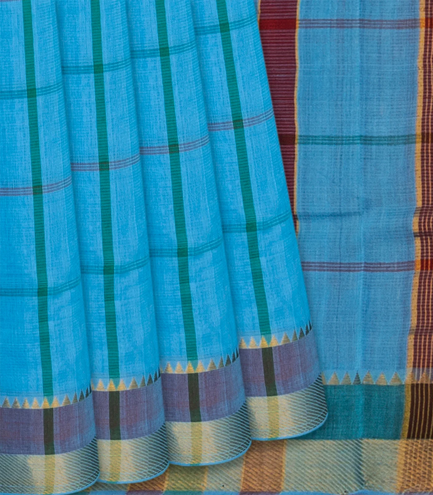 RmKV Turquoise Handloom Bengal Cotton Saree With Checks-Turquoise