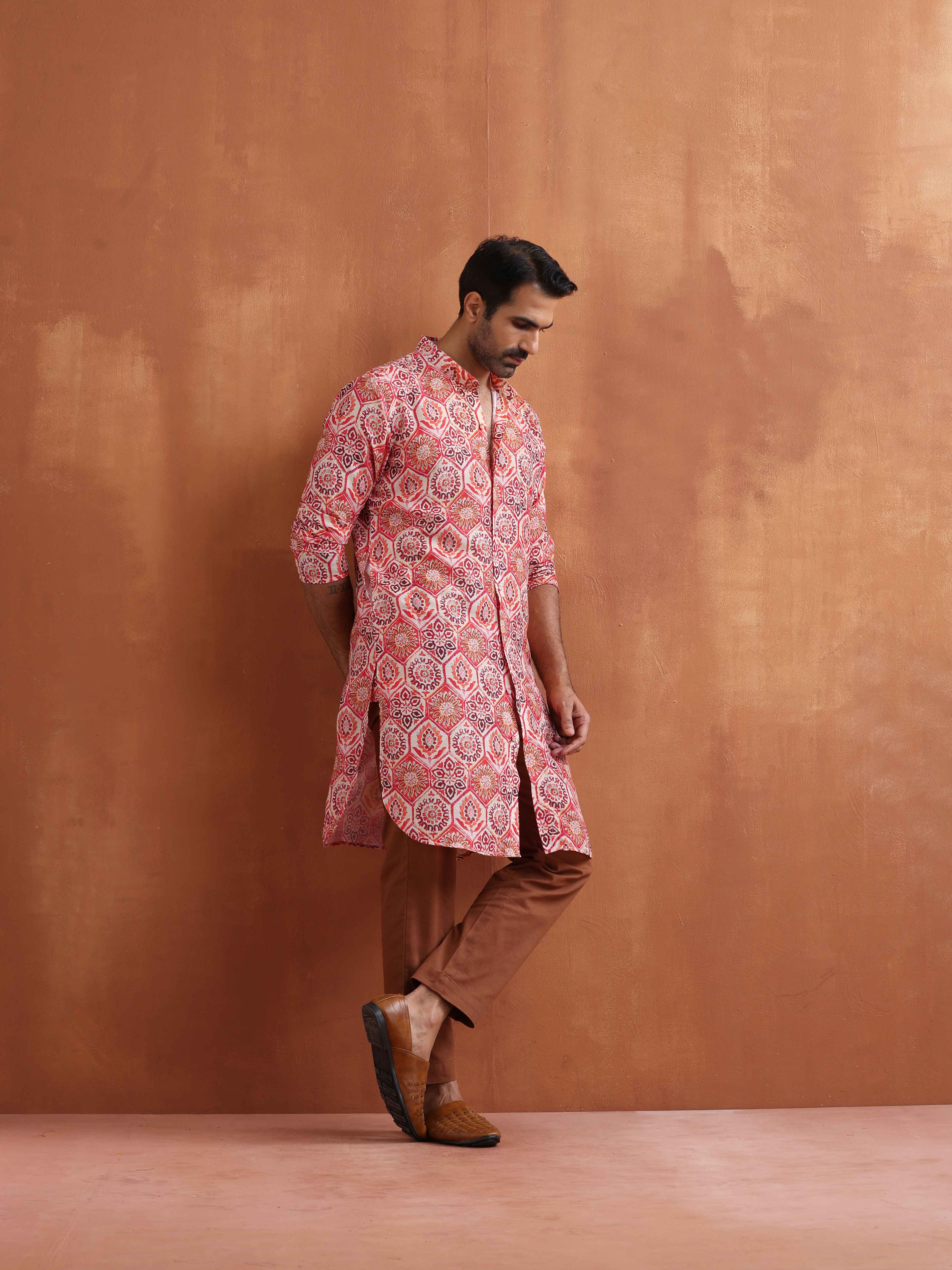 trueBrowns Men's Beige Printed Front Open Kurta - view 2