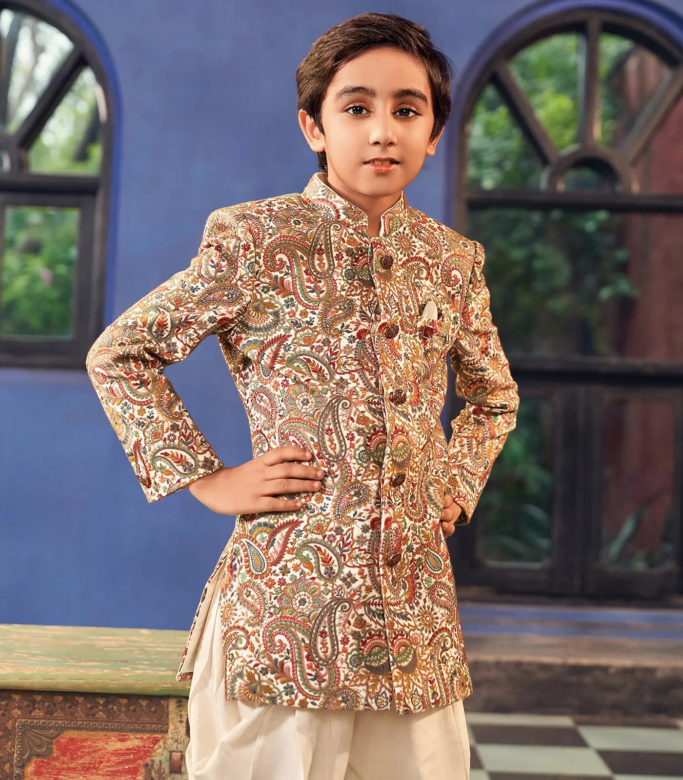 RmKV Off - White Printed Sherwani Suit with Dhoti Pants-Off White - view 2