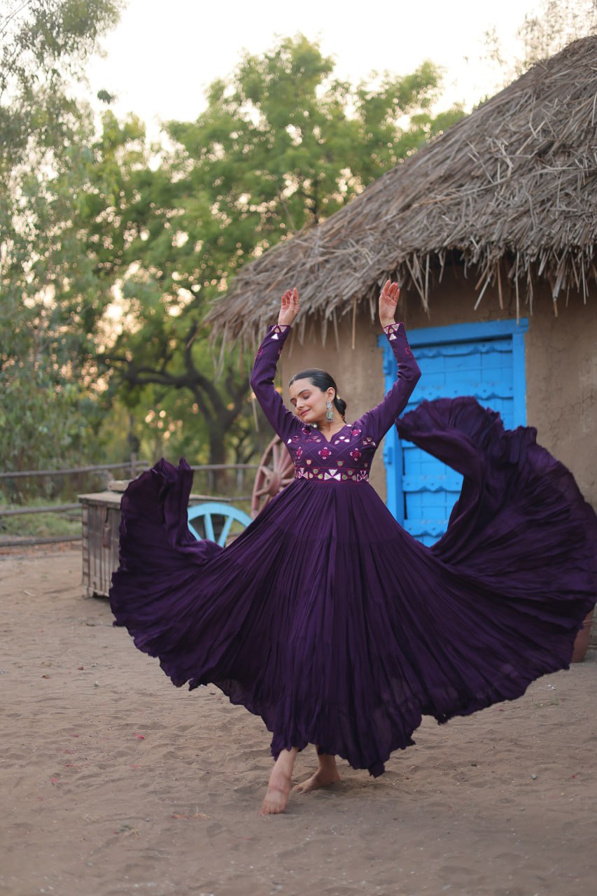 ClothsVilla Purple Rayon Gown with Real Mirror Work