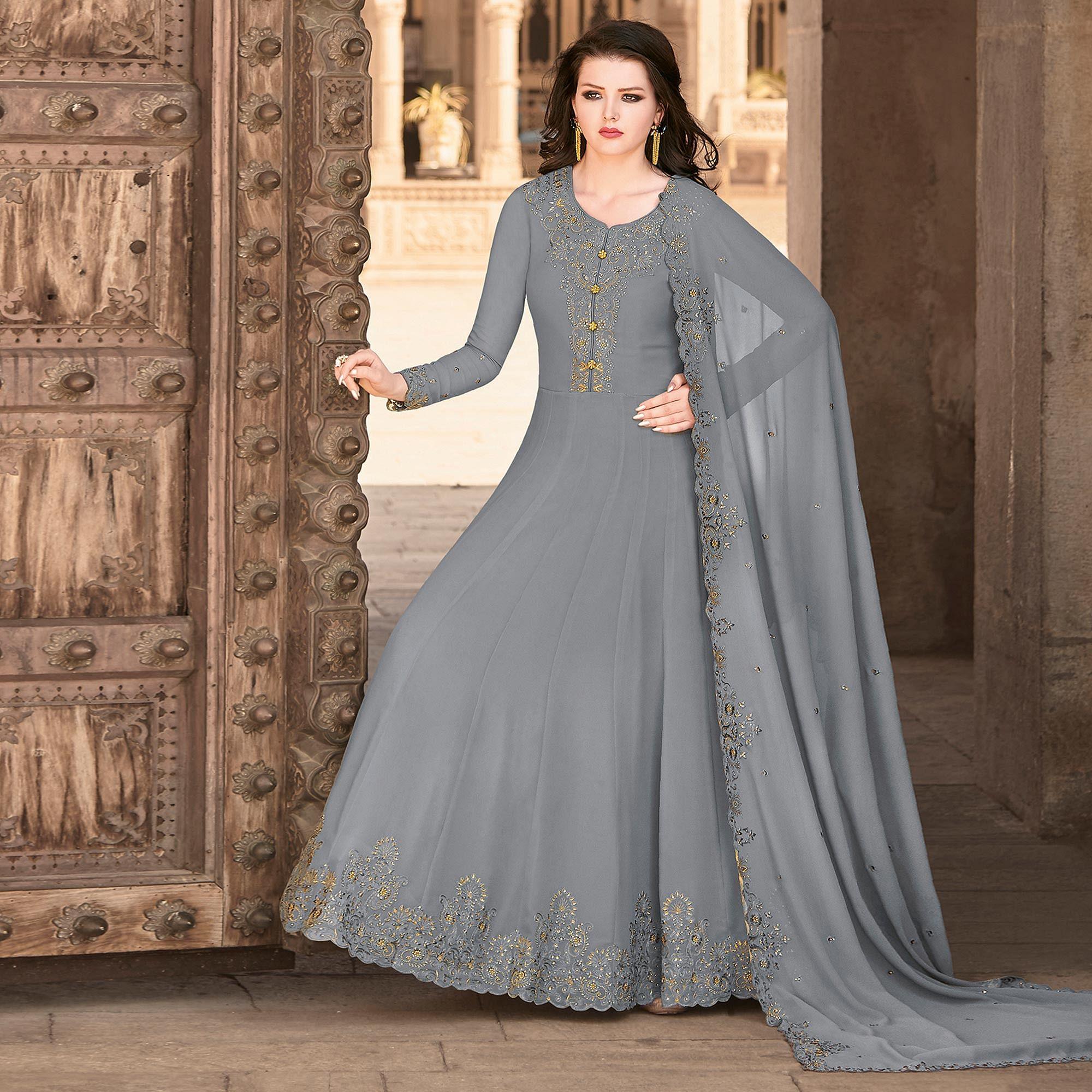 Peachmode Grey Partywear Embroidered Soft Georgette Suit - view 4