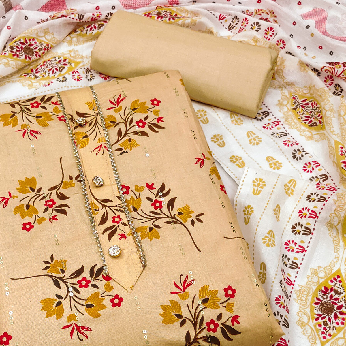 Peachmode Cream Floral Printed With Embroidered Pure Cotton Dress Material - view 2