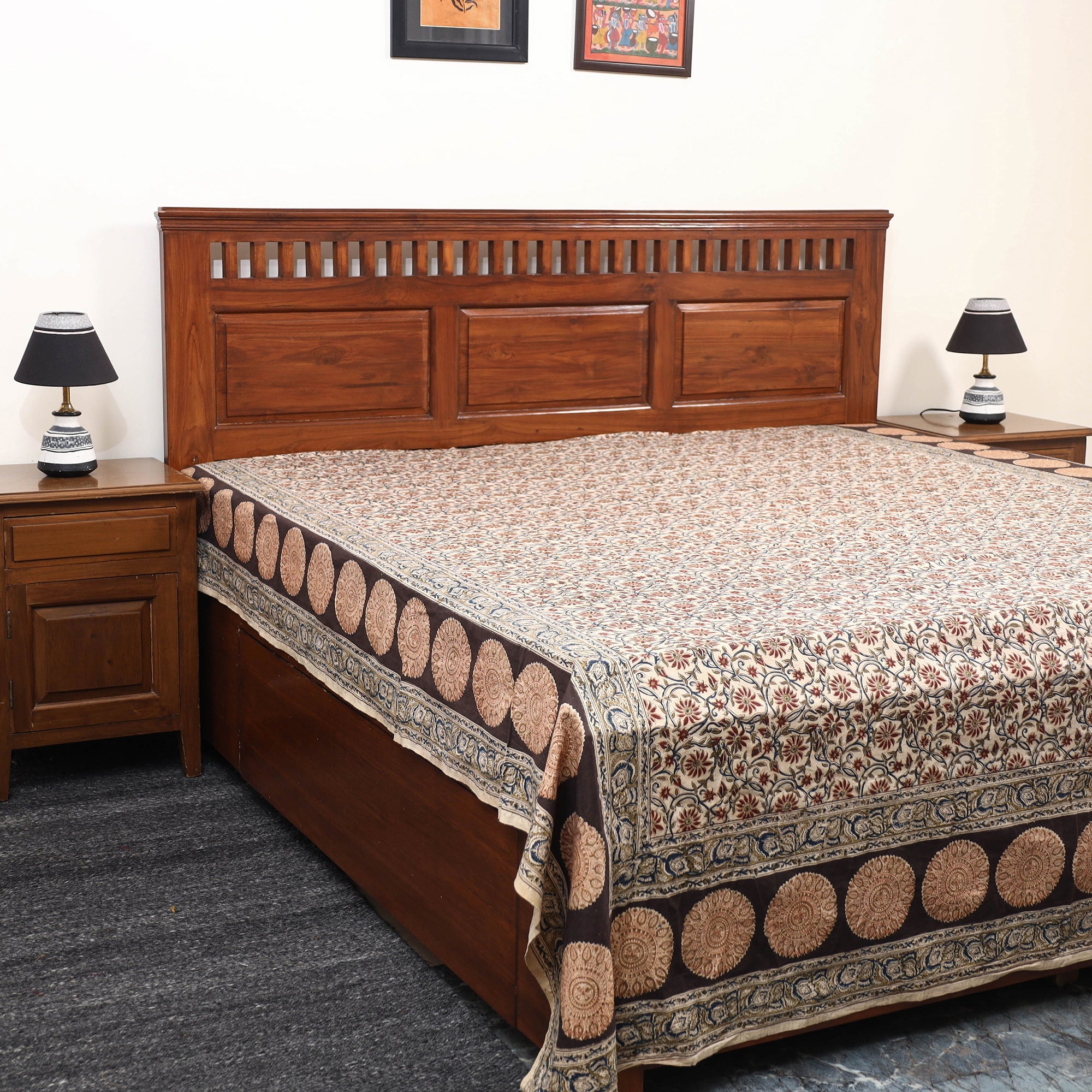 PITCHUKA SRINIVAS KALAMKARI PEDANA Beige - Pedana Kalamkari Block Printed Cotton Double Bed Cover (111 x 91 in) 05