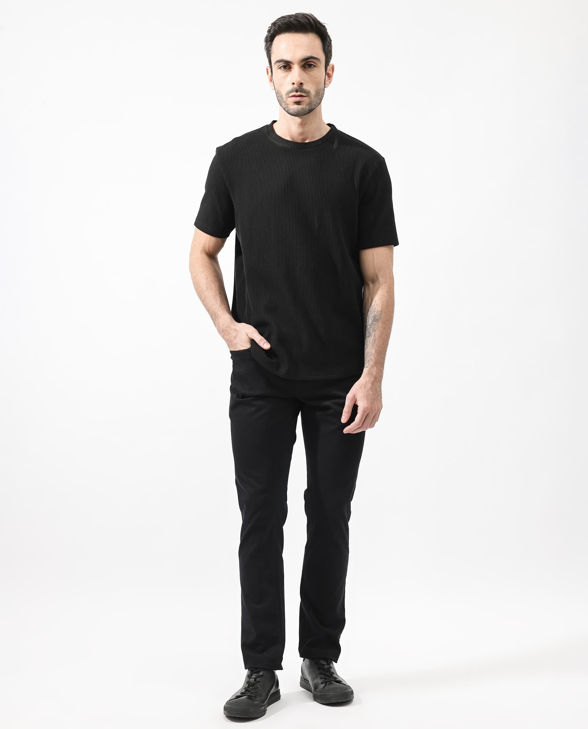 Rare Rabbit Men's Bree Black Crew Neck Ottoman Textured Drop Shoulder Half Sleeves Oversized Fit T-Shirt - view 2