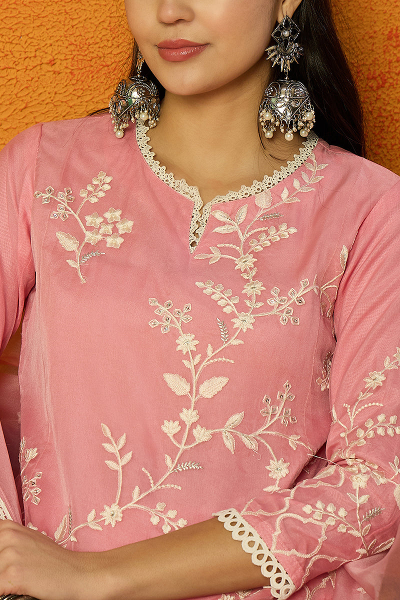 Ahika Pink Organza Solid Embroidered A-Line Dhoti Style Suit Set PKSKD2439 - view 2