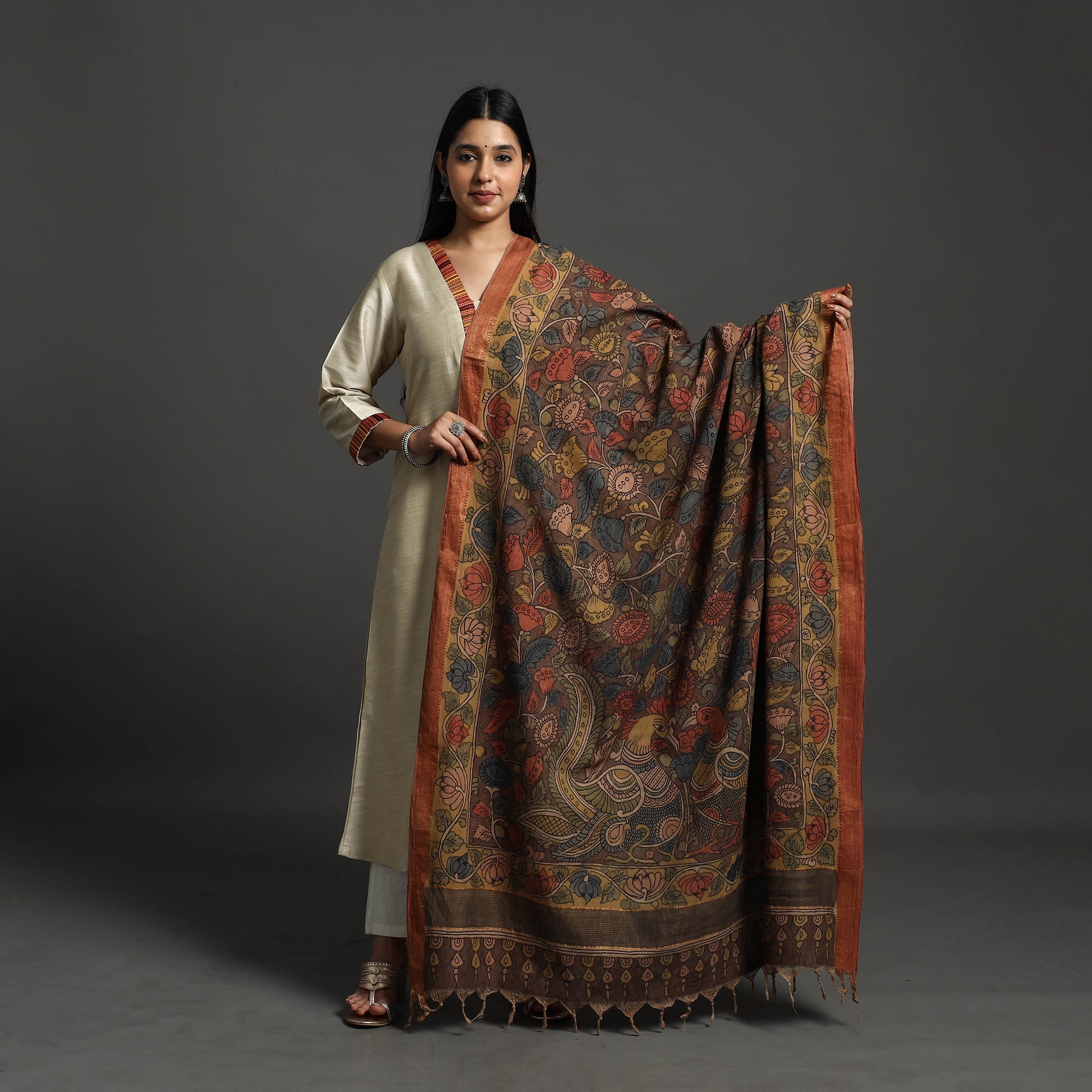 SOUTH KARGHA Brown - Mangalagiri Cotton Handpainted Pen Work Kalamkari Dupatta 13 - view 2