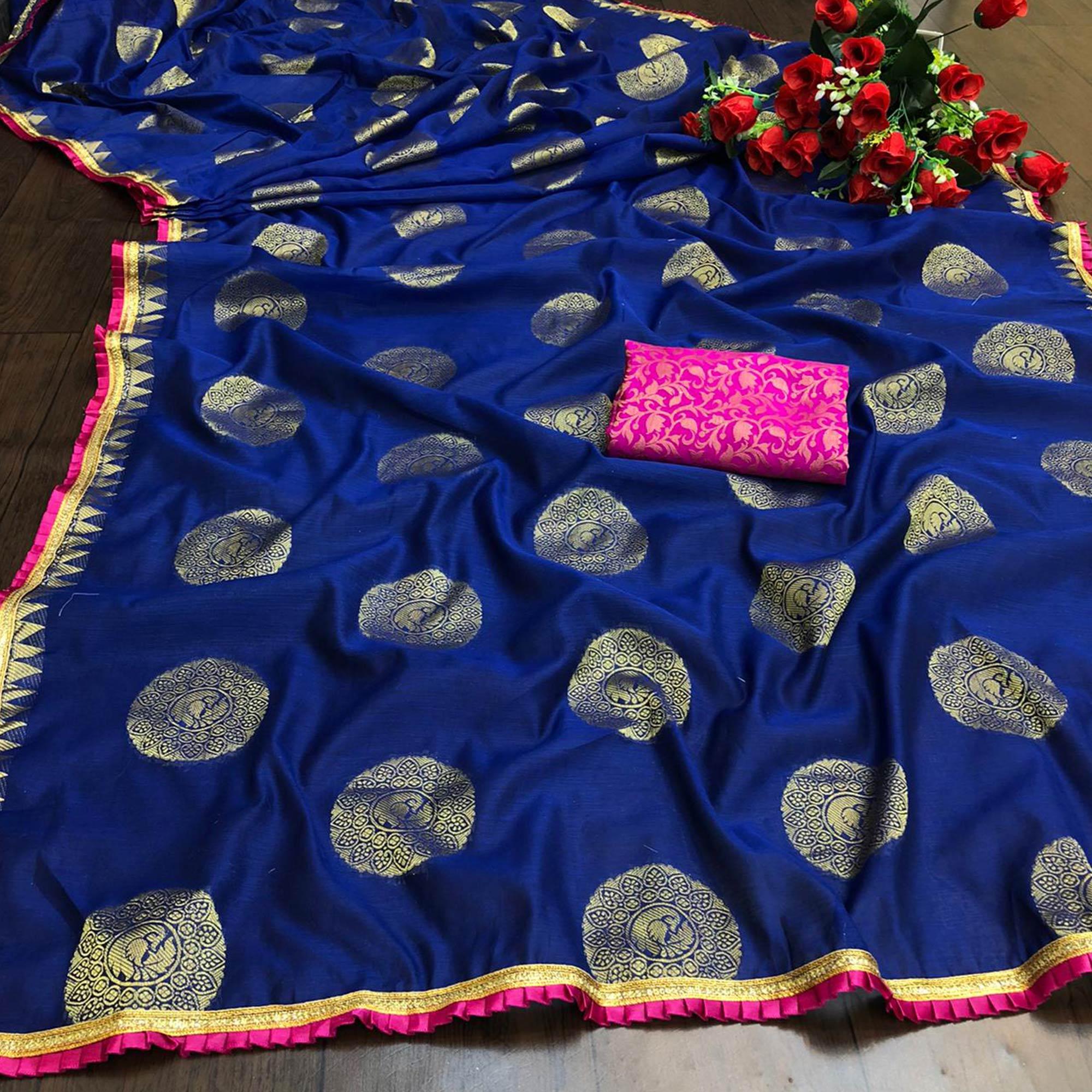 Peachmode Jazzy Navy Blue Colored Festive Wear Woven Cotton Saree