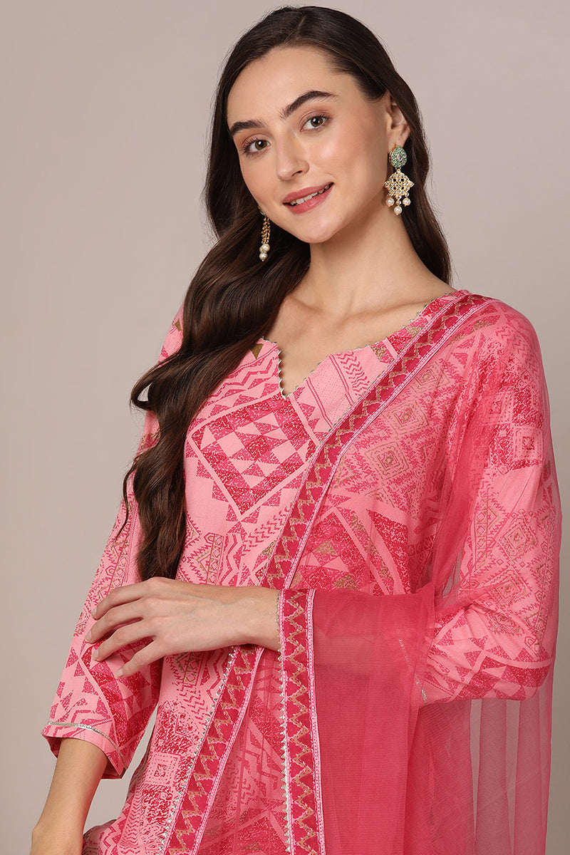 Ahika Pink Viscose Rayon Geometric Printed Straight Style Suit Set VKSKD1991 - view 2