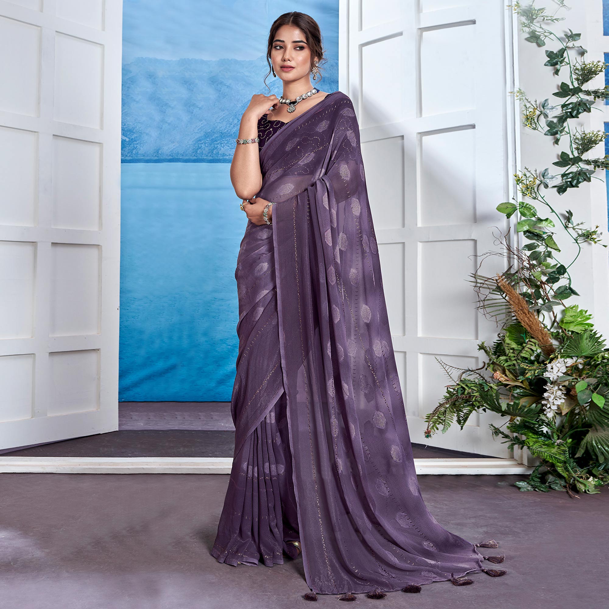 Peachmode Dark Purple Woven Fancy Fabric Saree With Tassels