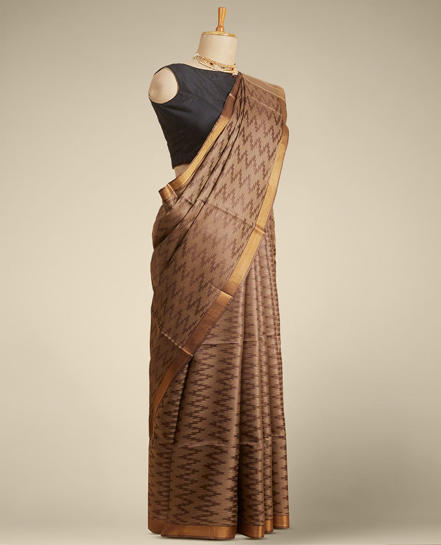 Pothys Brown zig- zag striped design tusser silk saree with contrast zari border - view 2
