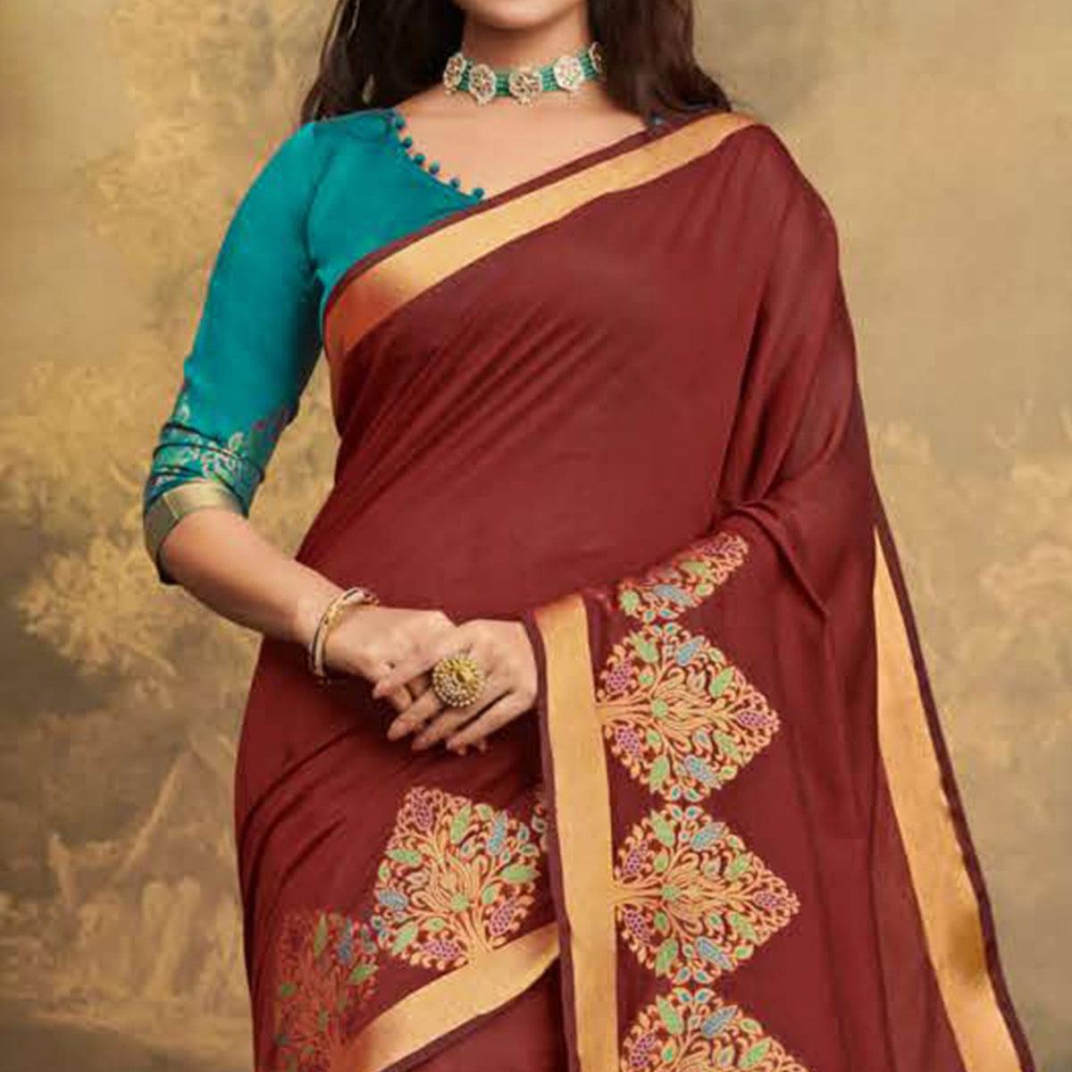 Peachmode Ethnic Maroon Colored Festive Wear Woven Cotton Handloom Saree - view 2