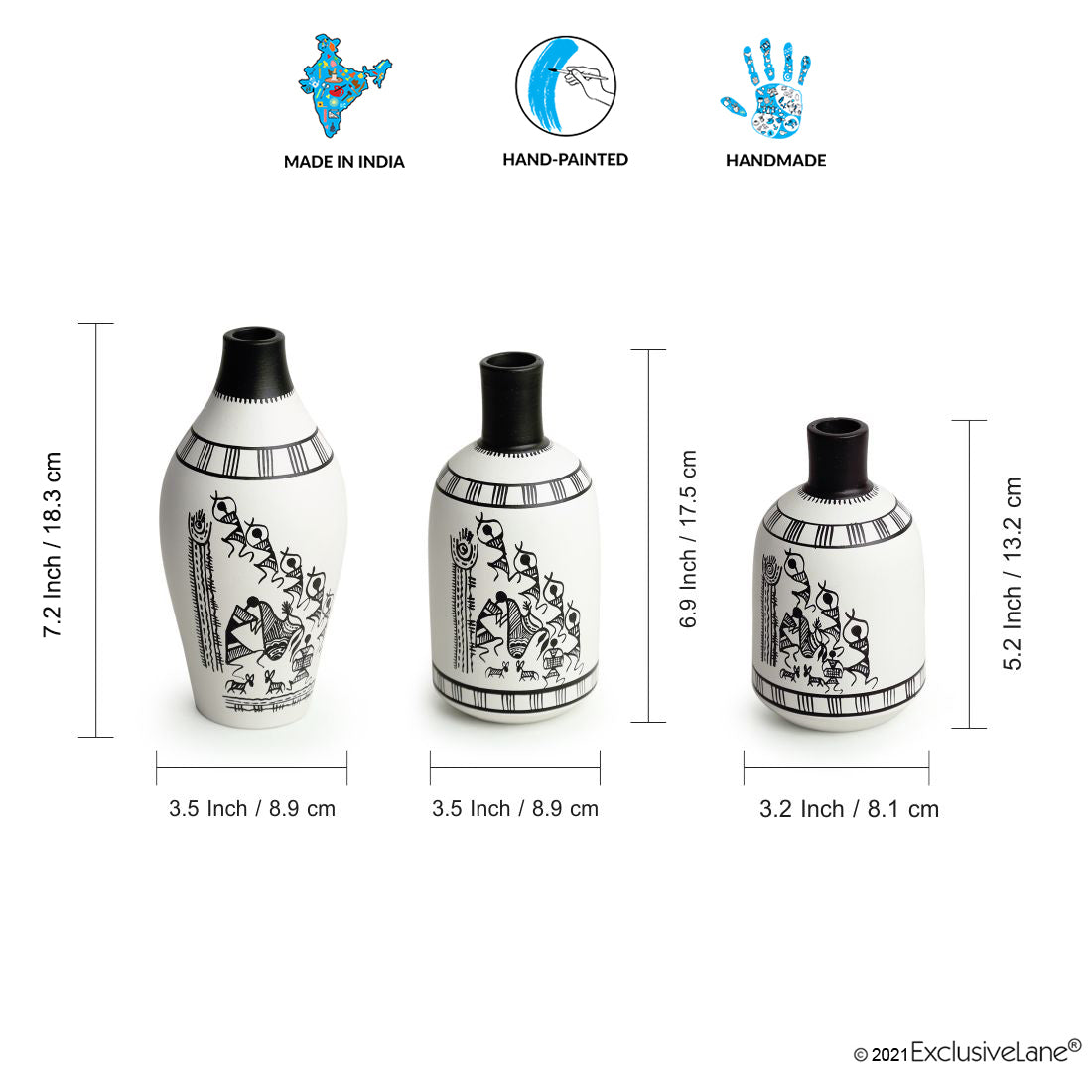 EXCLUSIVELANE 'The Warli Tales' Handpainted Terracotta Vases (Set of 3, White) - view 6