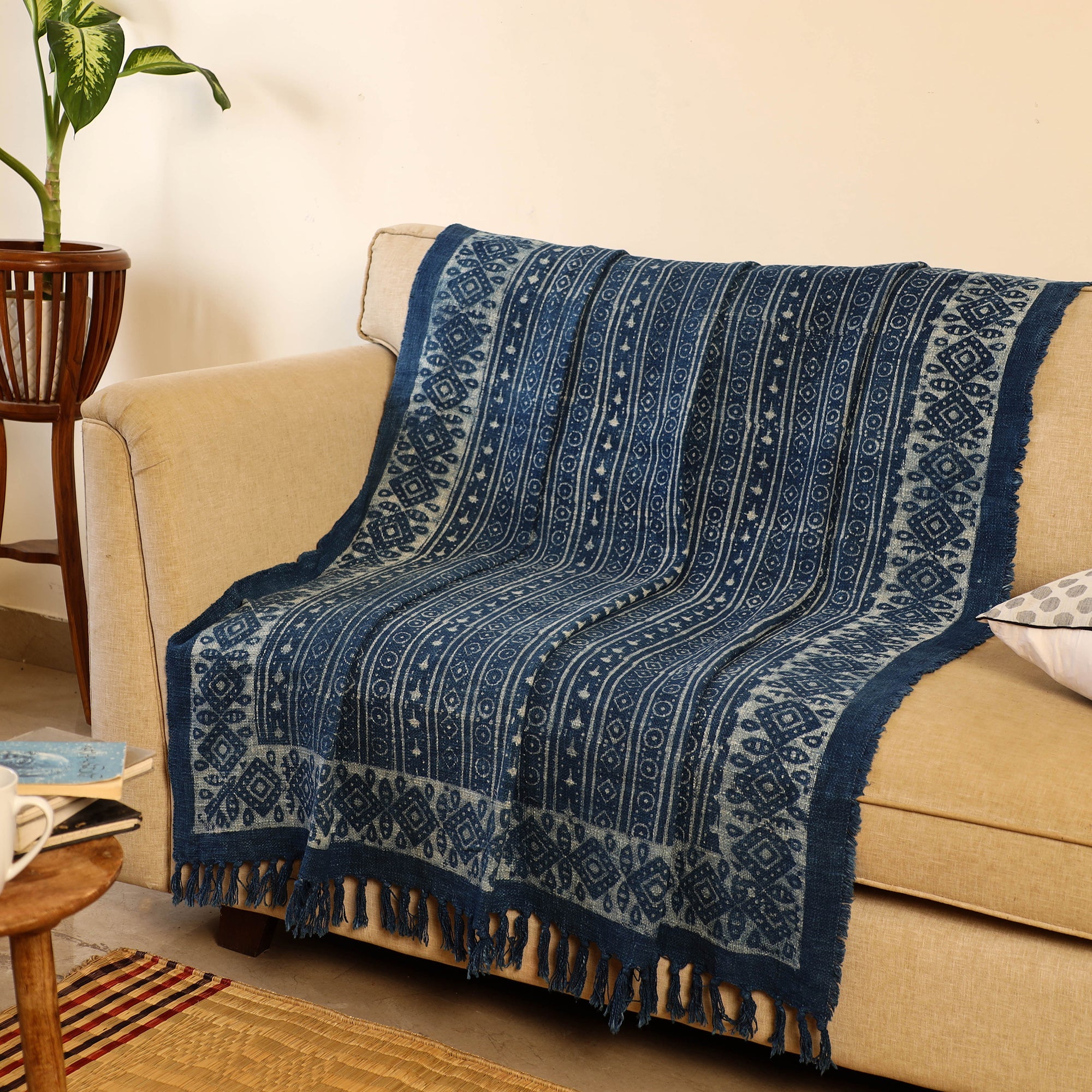 HAVELI CHRONICLES Handloom Jaipur Block Print Indigo Cotton Sofa Throw 02