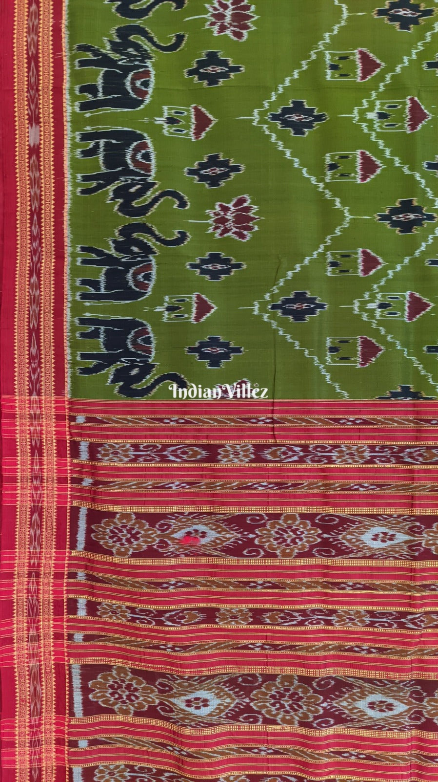 IndianVillèz Jungle Green Tribal Elephant Odisha Ikat Khandua Silk Saree - view 3