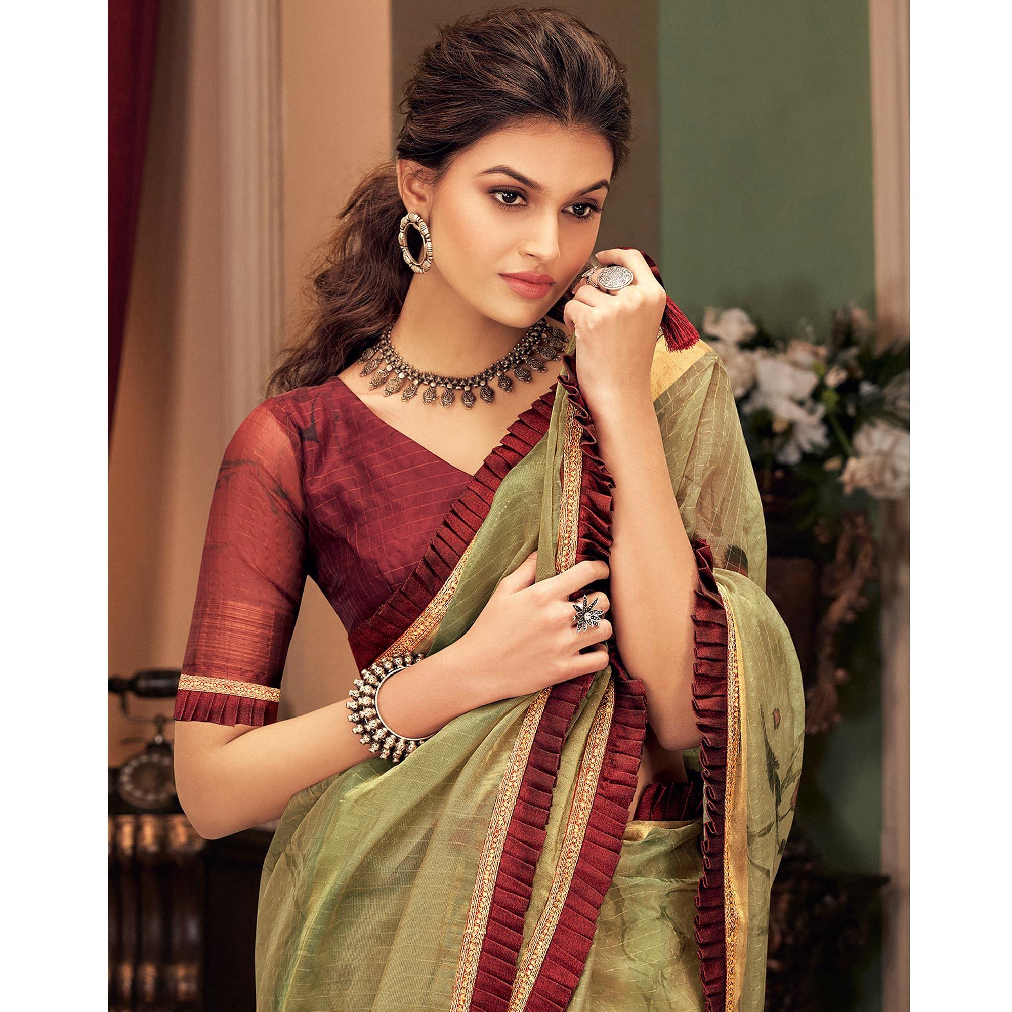 Peachmode Fantastic Green Colored Festive Wear Printed And Woven Border Silk Saree - view 2
