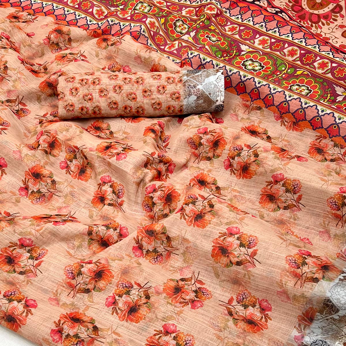 Peachmode Light Orange Floral Digital Printed Linen Saree With Zari Border - view 2