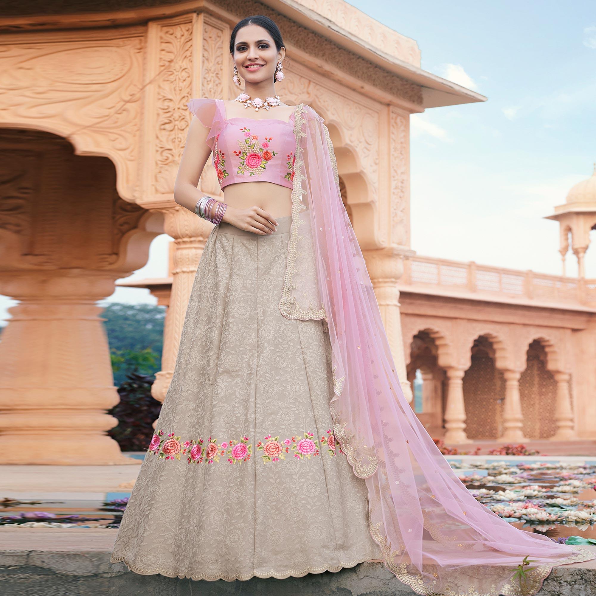 Peachmode Grey Partywear Floral Embroidered Modal Satin Lehenga Choli