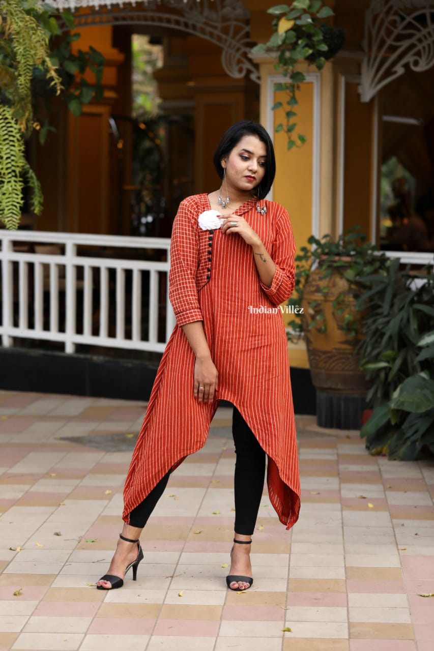 IndianVillèz Orange Stripes Kotpad Organic Cotton Kurti for Women - view 4