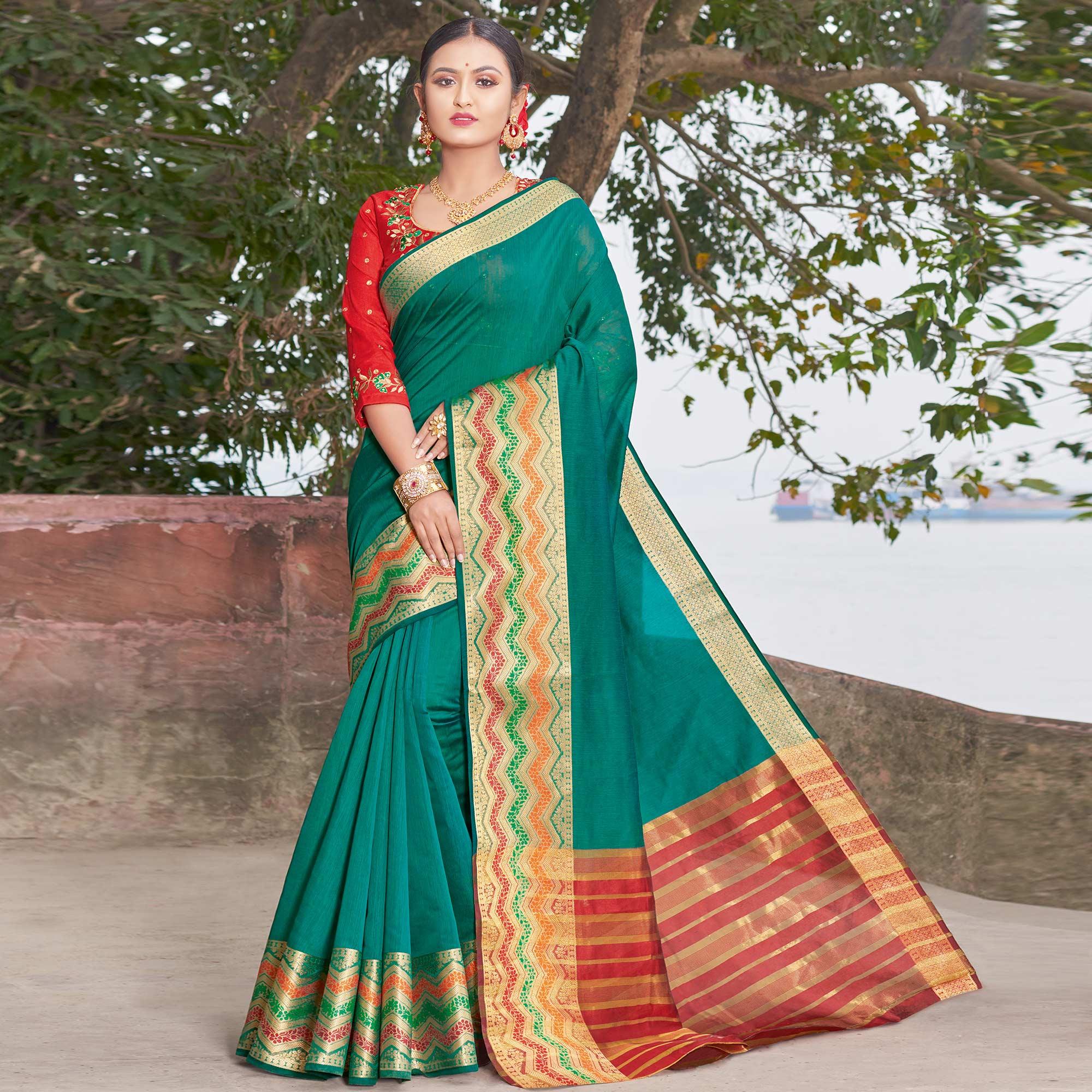 Peachmode Mesmeric Turquoise Green Colored Festive Wear Woven Handloom Silk Saree
