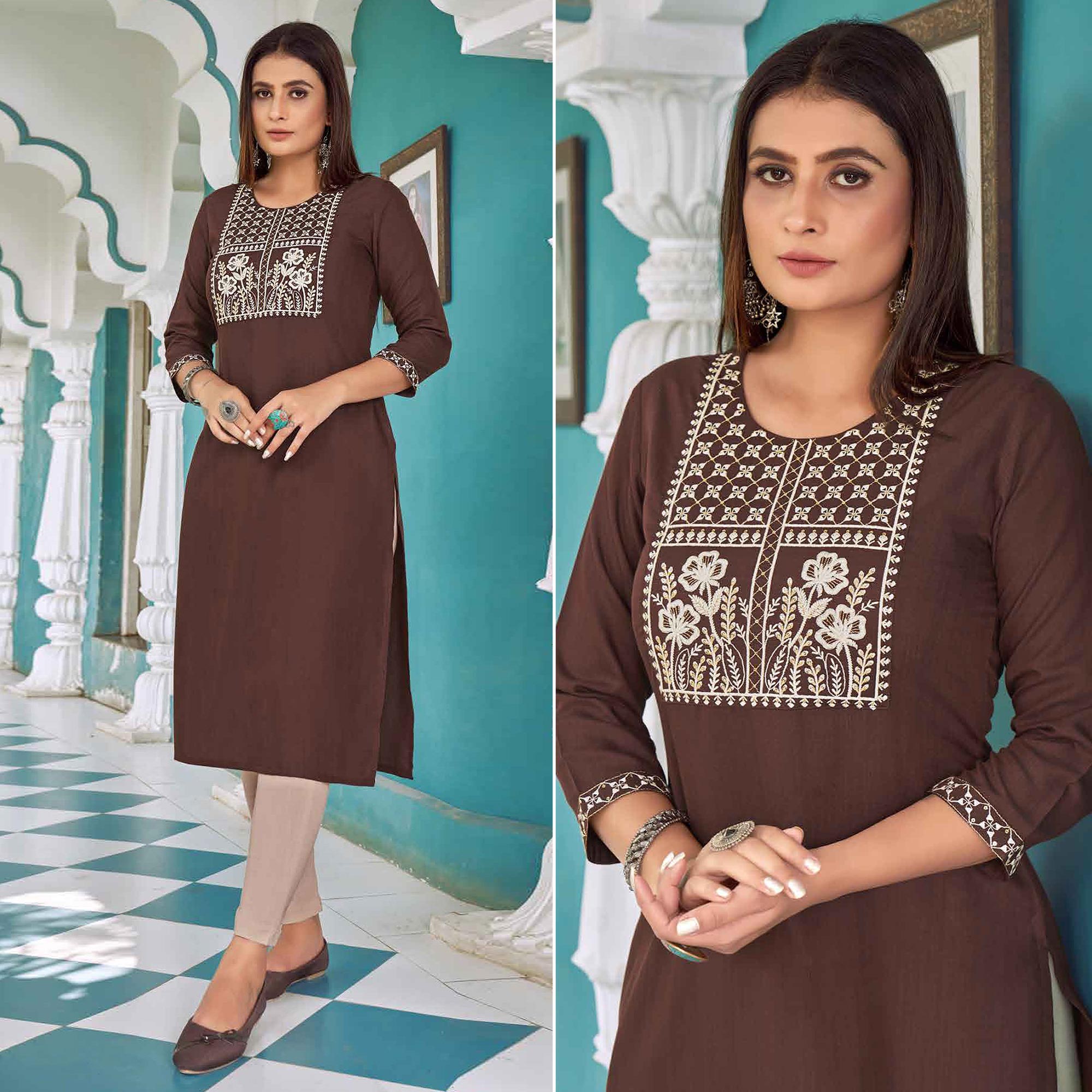 Peachmode Seller Brown Floral Embroidered Rayon Kurti
