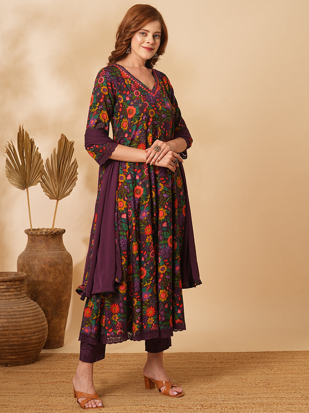 Fashor Floral Printed Mirror Embroidered Anarkali with Pant & Dupatta - Purple - view 5