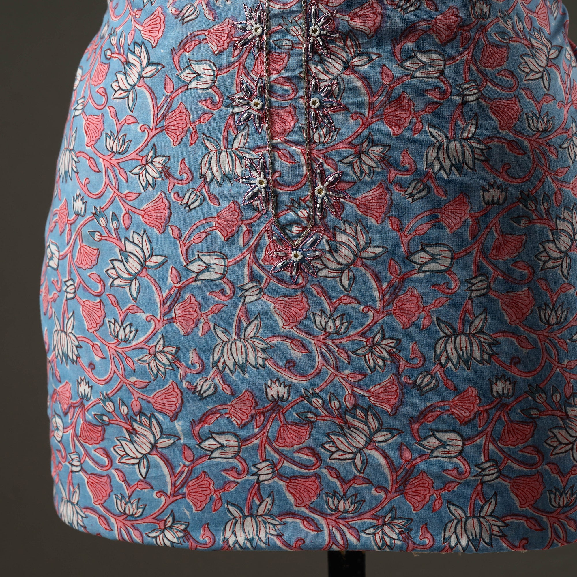 JUGNI Blue - Embroidered Sanganeri Block Print Cotton Kurta Material with Beads - 2.5 Meter - view 3