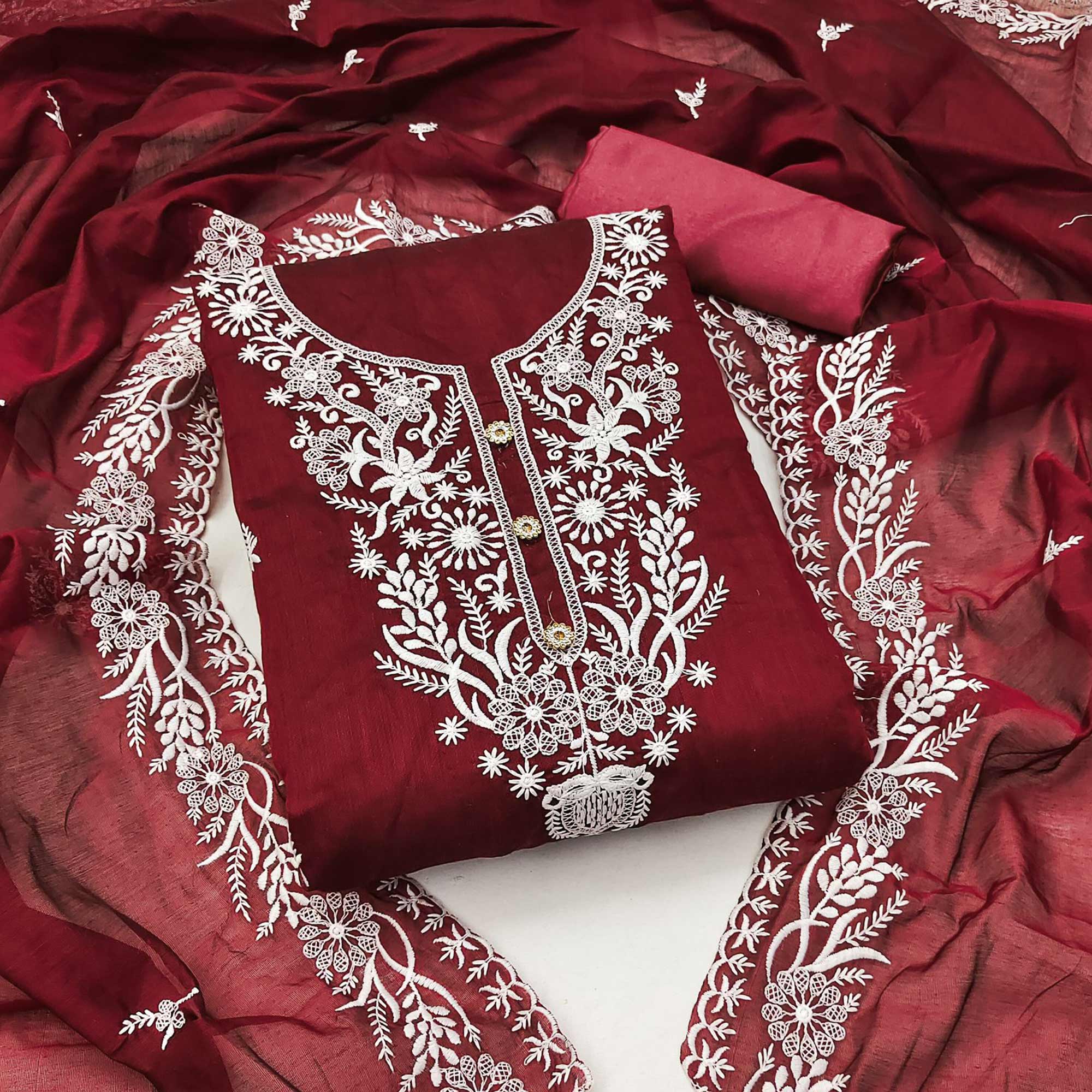 Peachmode Maroon Floral Embroidered Chanderi Dress Material
