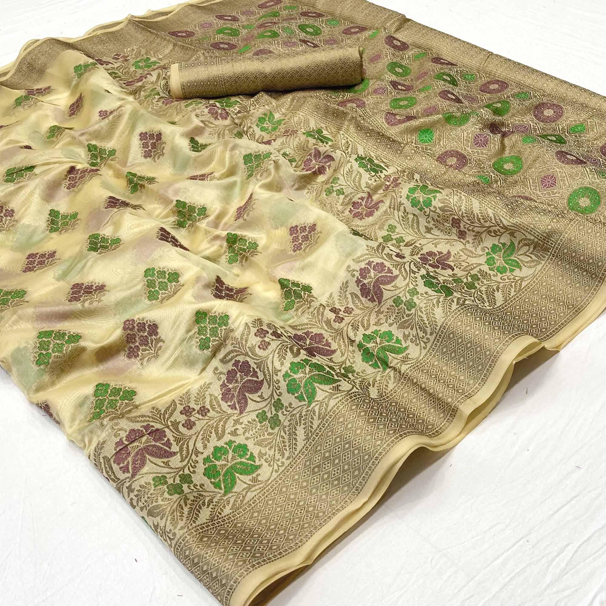 Peachmode Chikoo Woven Organza Saree – Women's