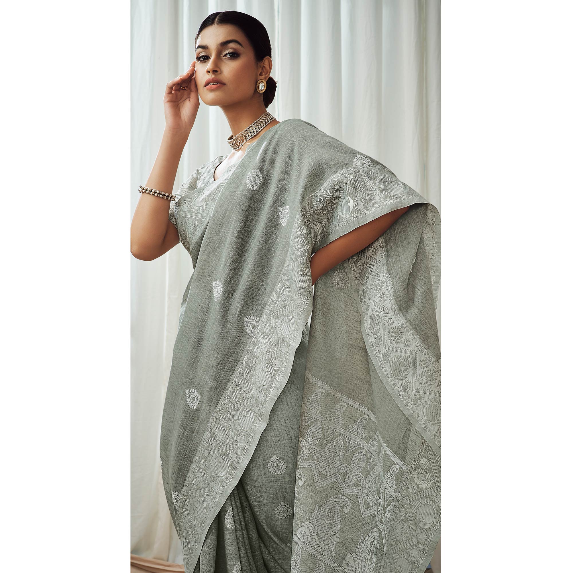 Peachmode Grey Woven Linen Saree – Women's - view 5