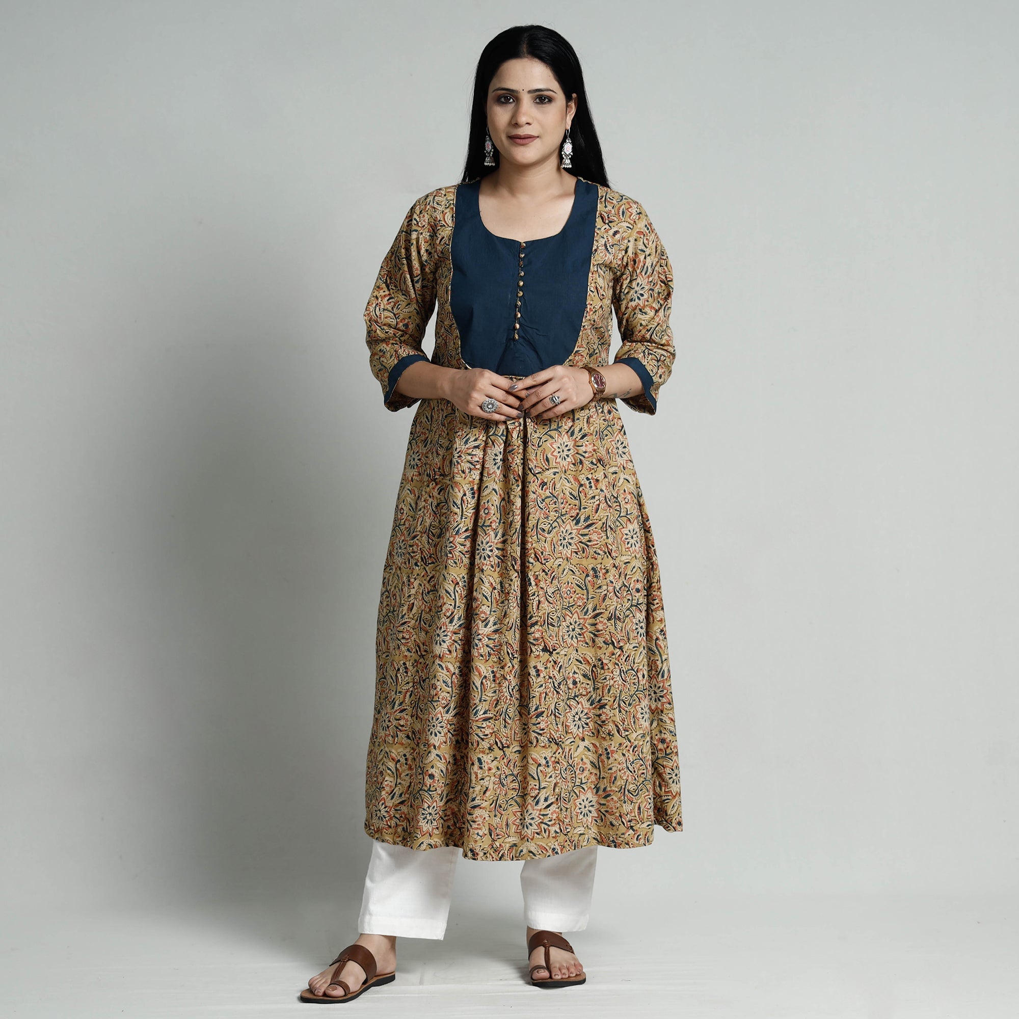 ITOKRI CASUALS Beige - Kalamkari Hand Block Printed Cotton Long A-Line Kurta - view 2