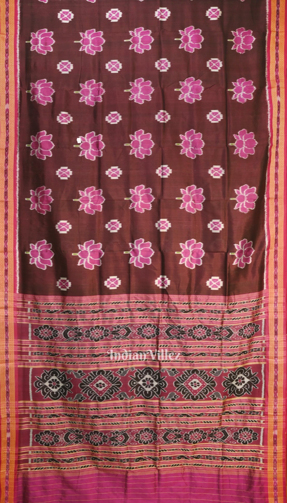 IndianVillèz Deep Wine Lotus Flower Theme Odisha Ikat Khandua Silk Saree