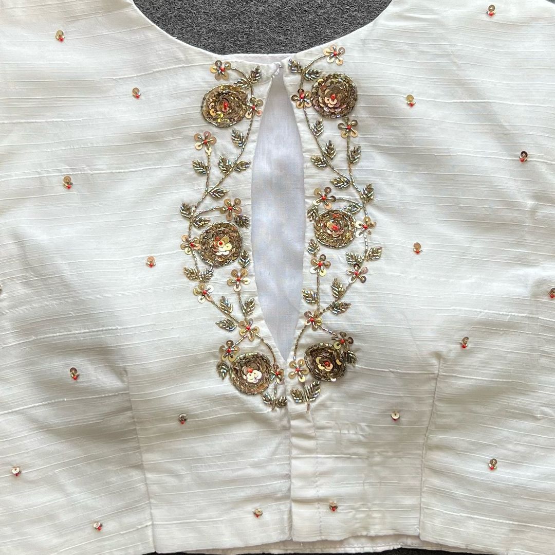 ClothsVilla White Golden Elegance: Handcrafted Elzara Silk Blouse