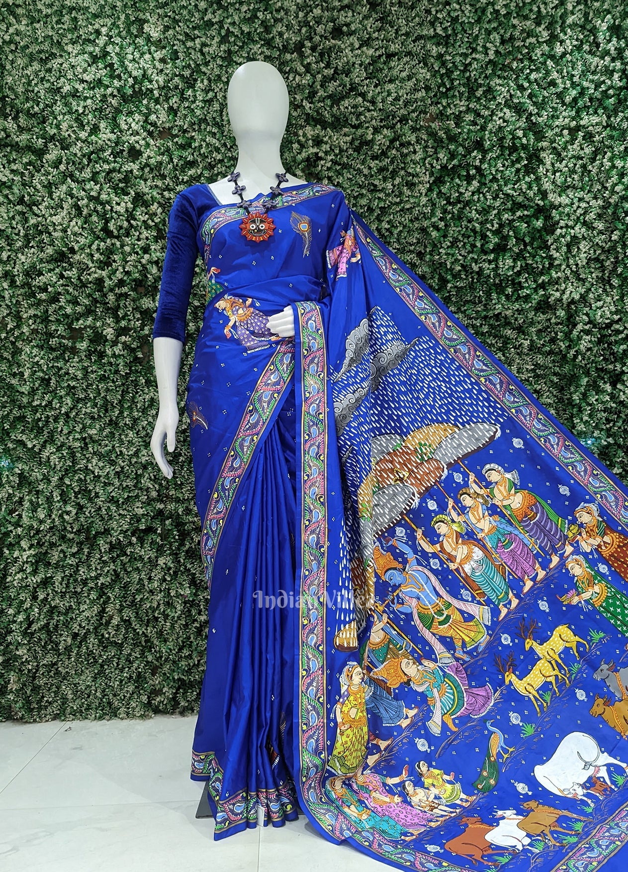IndianVillèz Blue Giri Govardhan Hand-Painted Pattachitra Saree