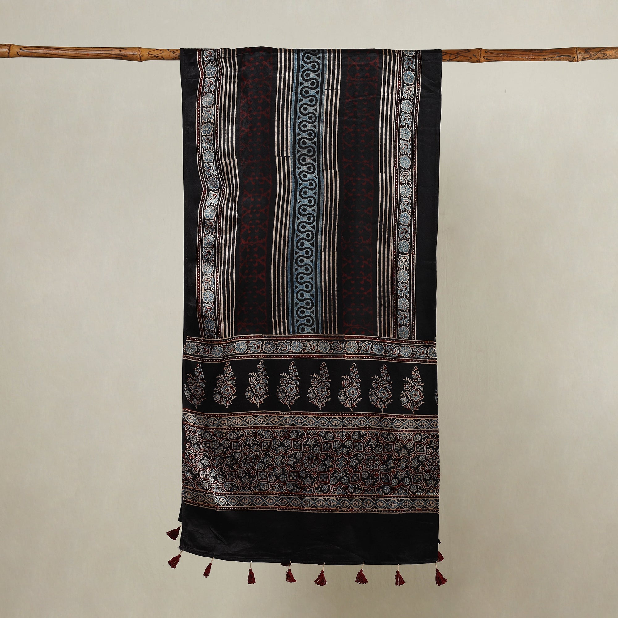 RIYAZ ABDULMAJID KHATRI - AJRAKH Black - Ajrakh Hand Block Printed Mashru Silk Stole with Tassels - view 2