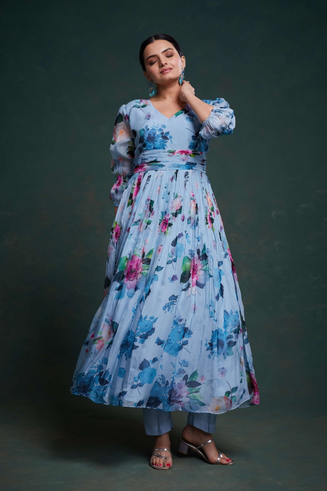 ClothsVilla Blue Organza Dress with Stylish Prints – Ready to Wear - view 2