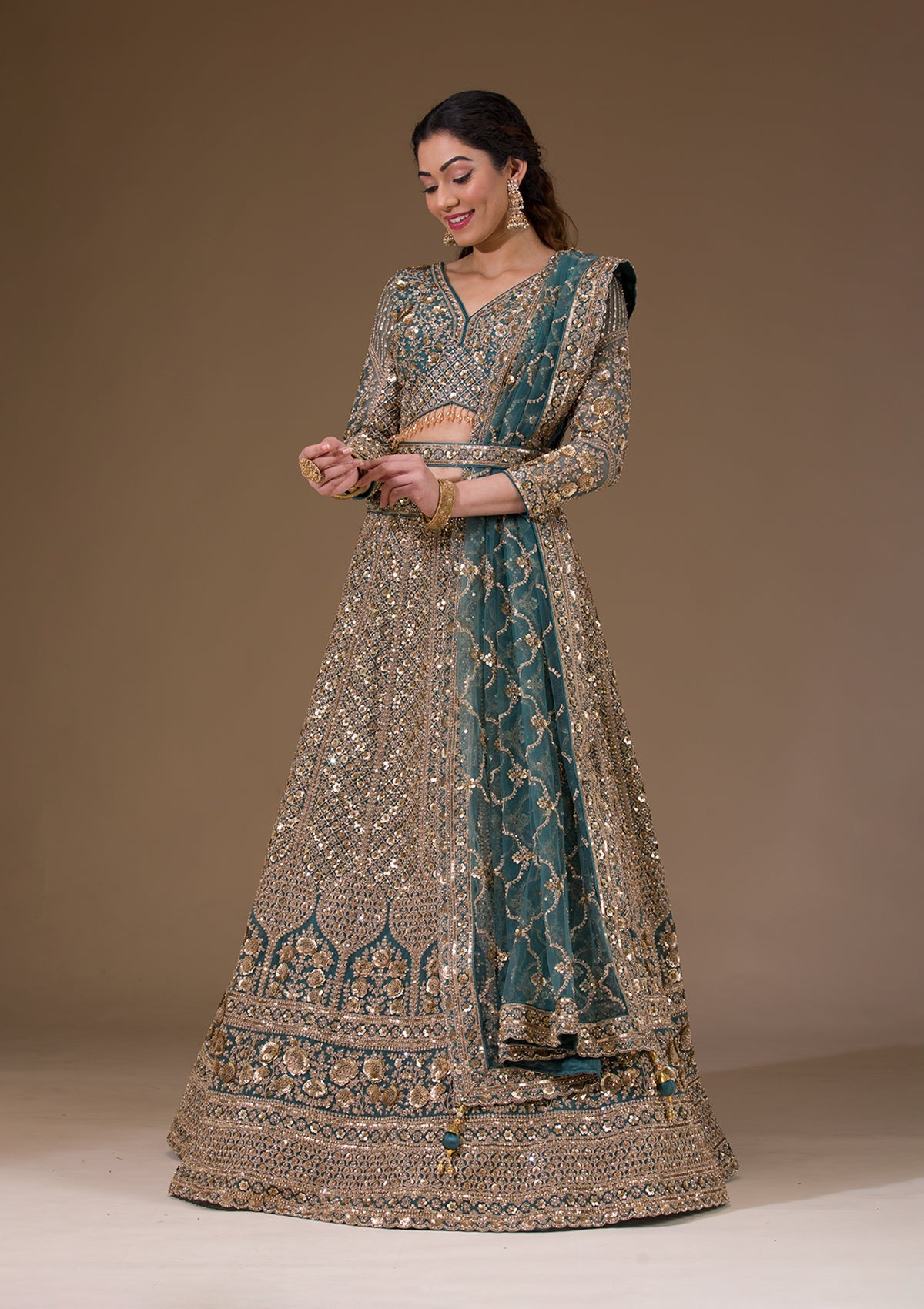 Koskii Turquoise Blue Sequins Net Readymade Lehenga - view 7