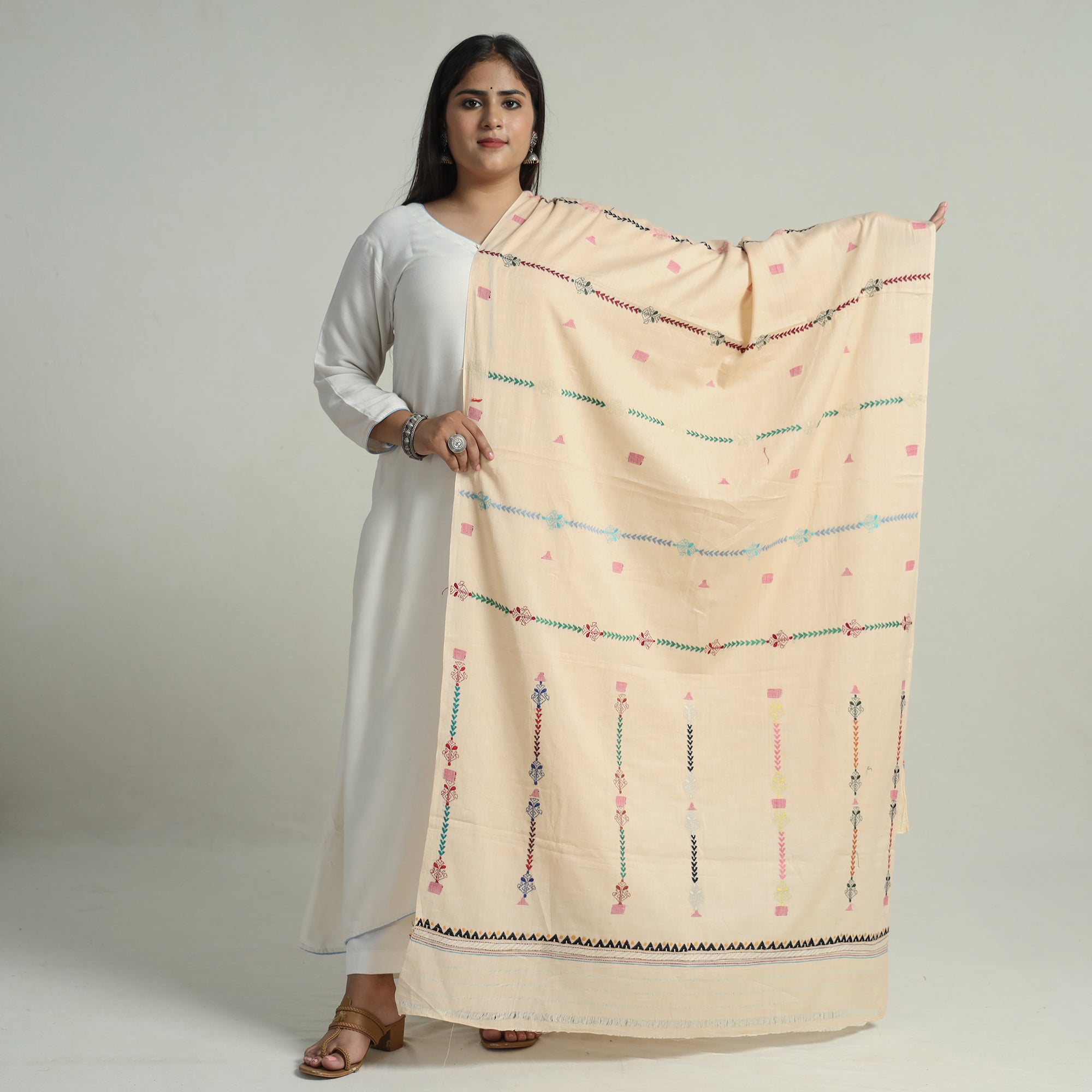 KHUSHBASH - HAPPY LOOM OF EAST Beige - Bengal Kantha Embroidery Silk Cotton Dupatta 02