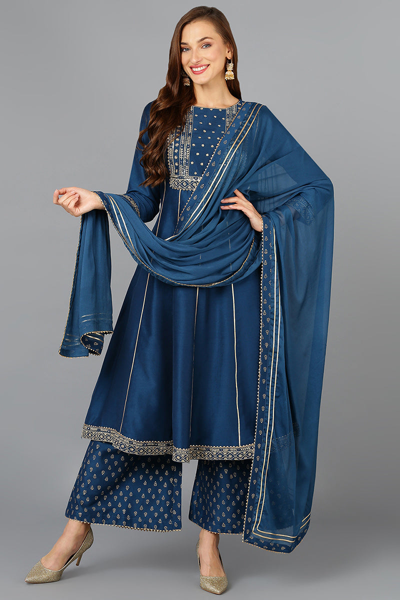 Ahika Teal Blue Silk Blend Ethnic Motifs Anarkali Suit Set PKSKD1930 - view 5