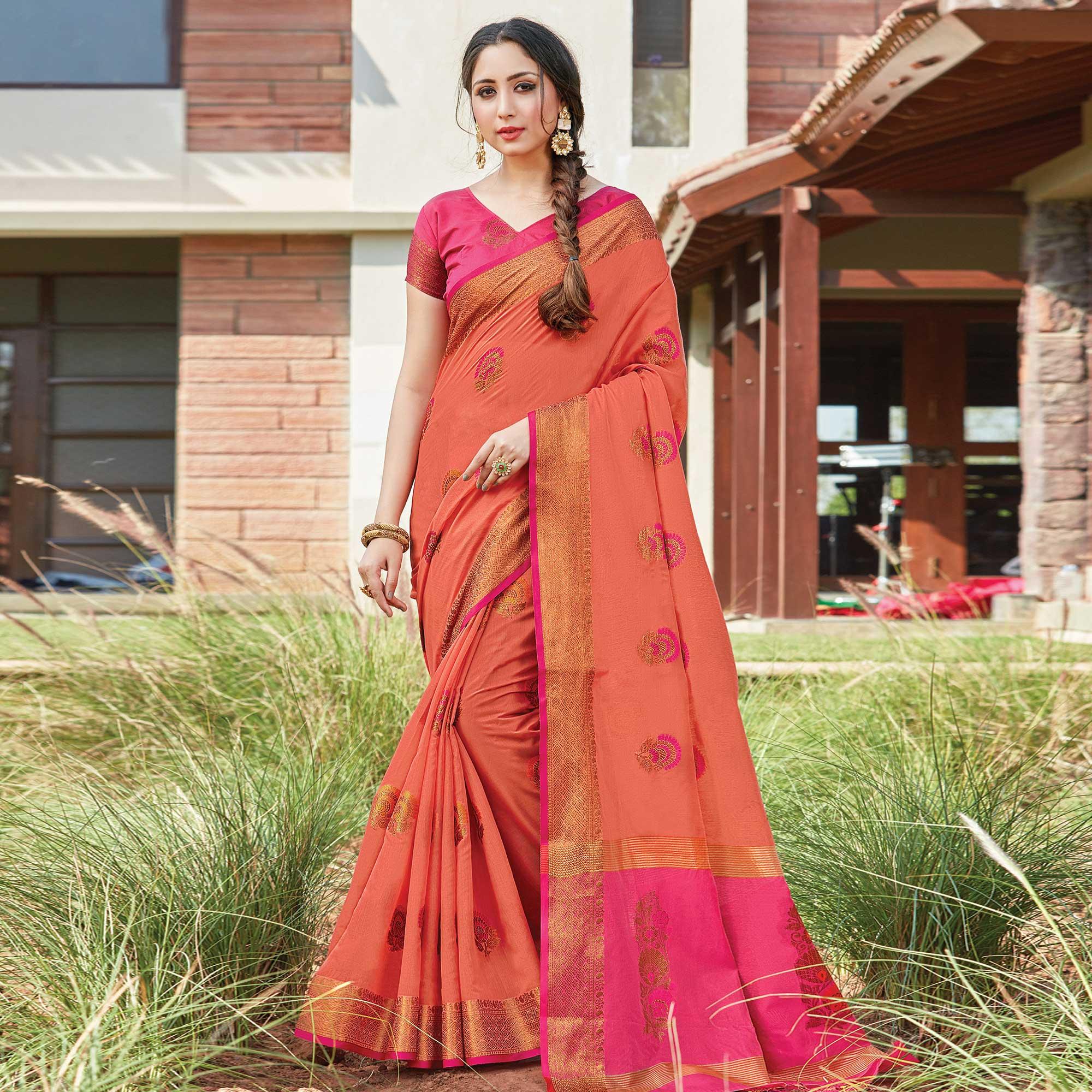 Peachmode Mesmeric Dark Peach Colored Festive Wear Woven Cotton Handloom Saree